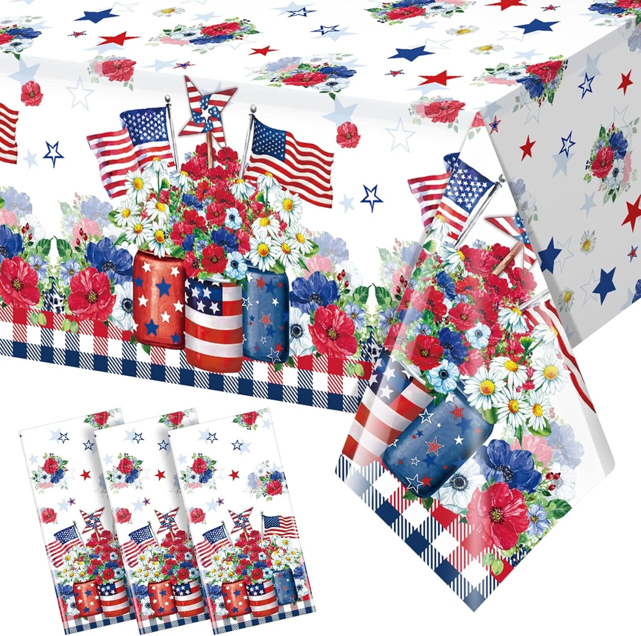 3 Pack 4th of July Tablecloth Decorations, Vase Flower Patriotic Plastic Table Cover
